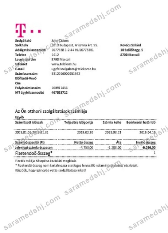 Hungary Magyartel utility bill